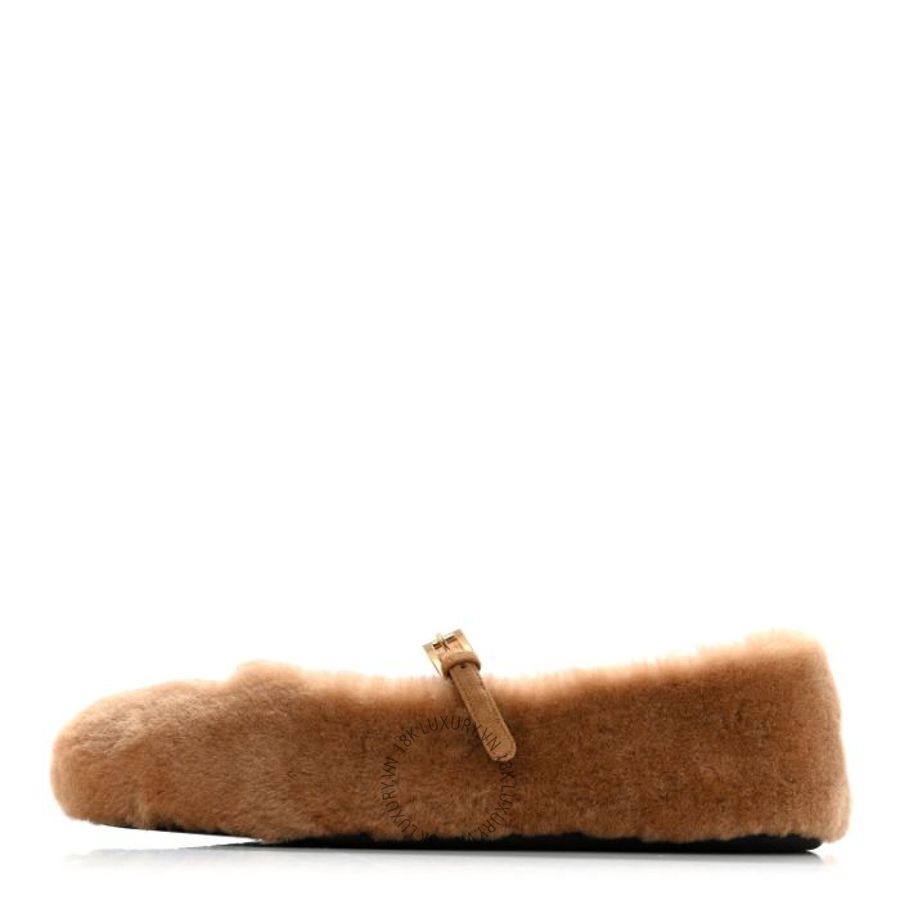 Giày búp bê Prada Shearling Triangle Ballerina Flats Caramel PRG24