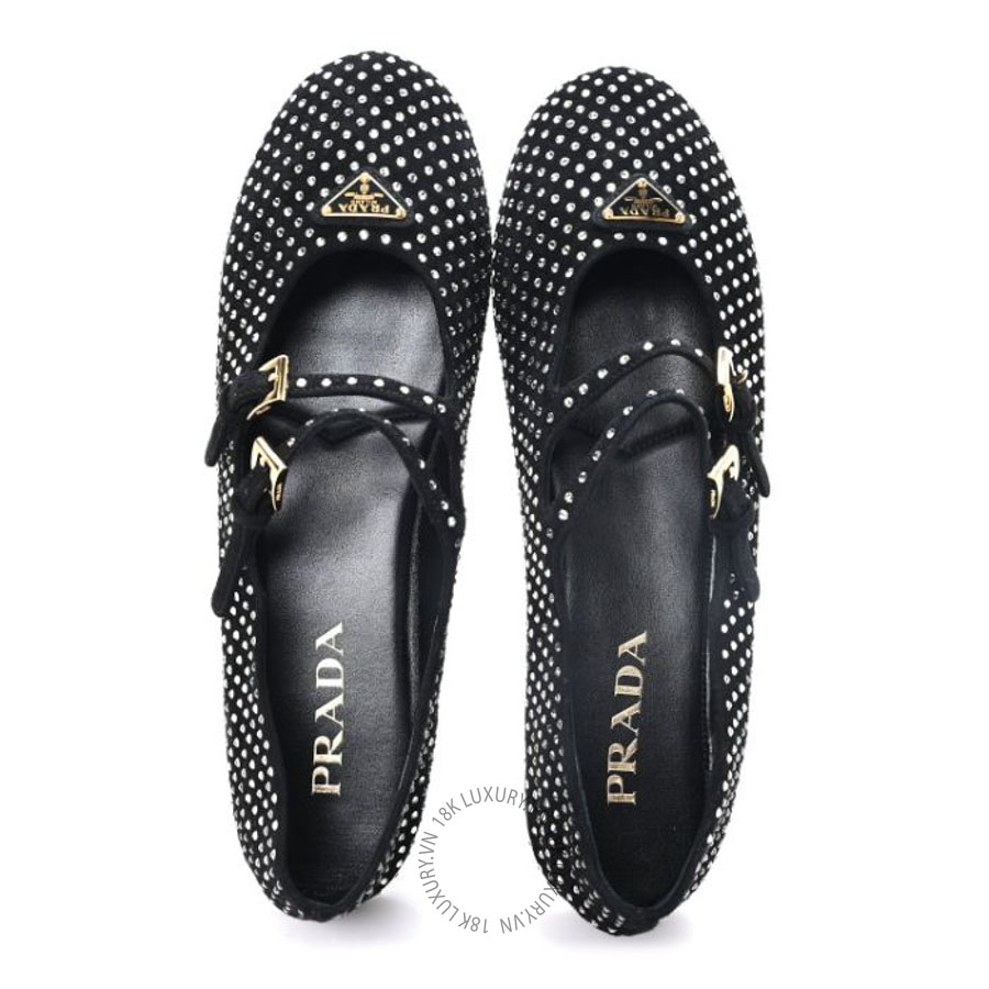 Giày búp bê Prada Suede Crystal Ballerina Flats Black PRG30