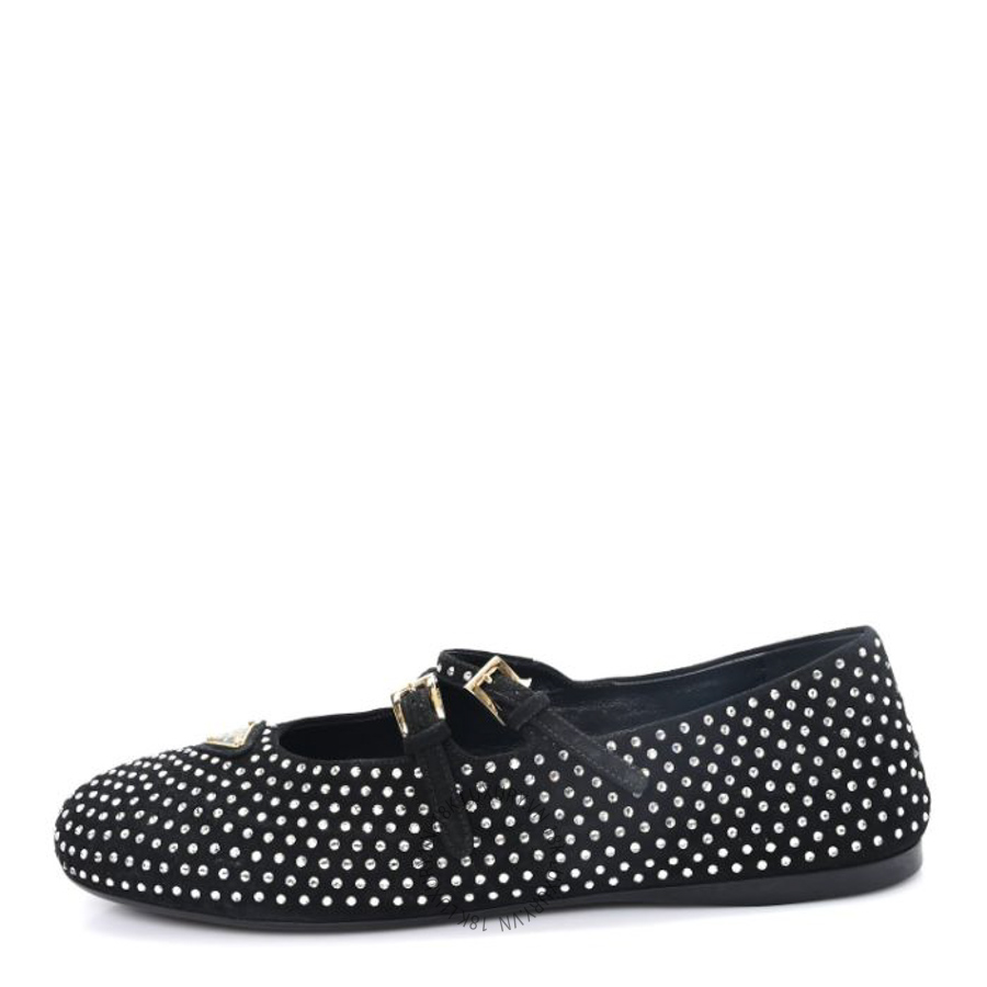Giày búp bê Prada Suede Crystal Ballerina Flats Black PRG30
