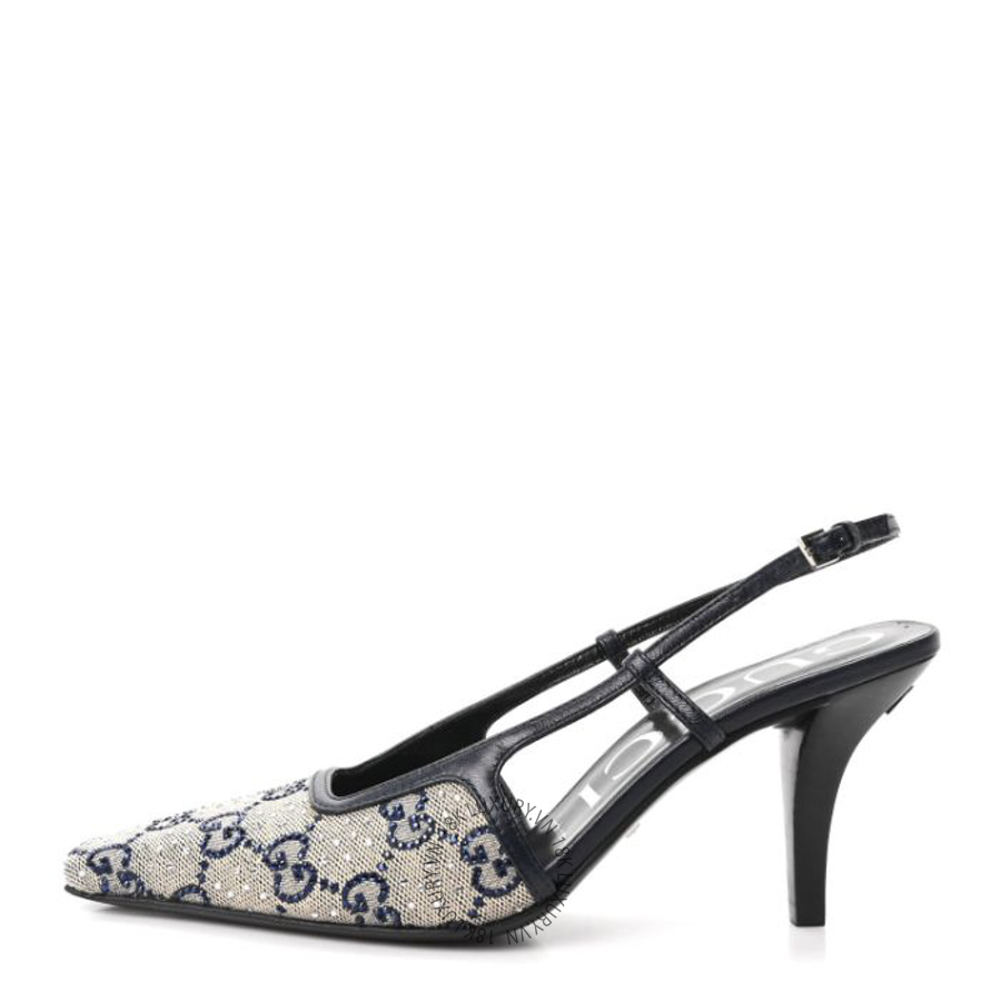 Giày cao gót Gucci GG Monogram Malaga Kid Crystal Square G 75mm Slingback Pumps Beige Blue TQT236