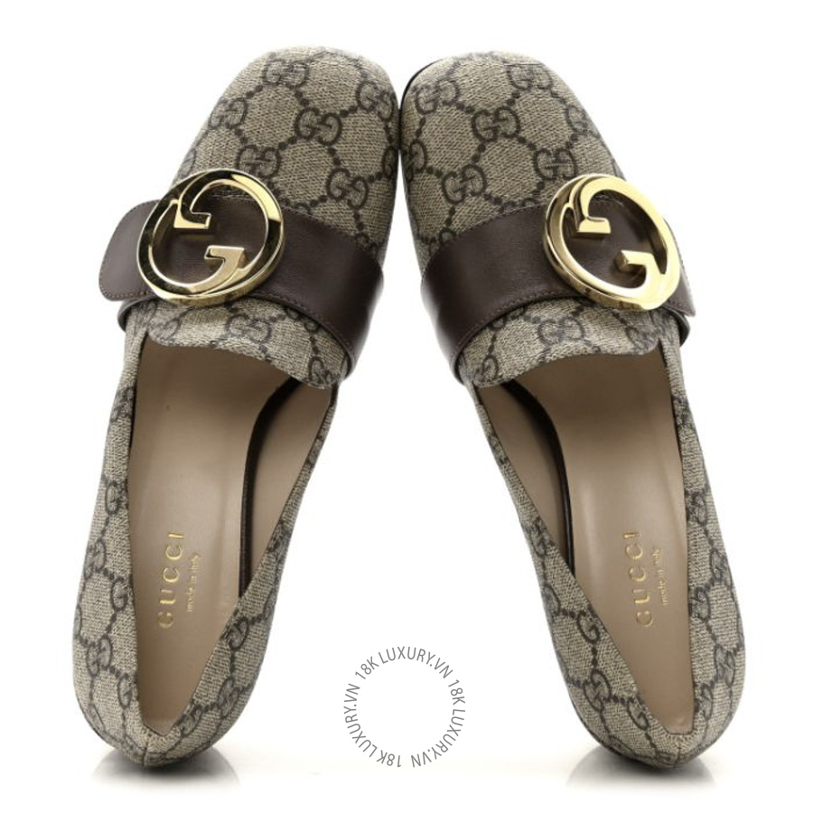 Giày cao gót Gucci GG Supreme Monogram Malaga Kid Blondie Pumps Beige Ebony New Acero TQT073
