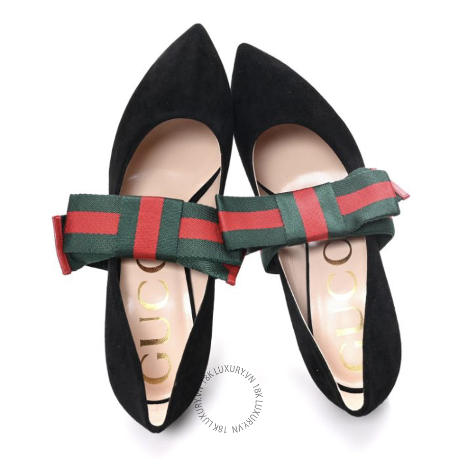 Giày cao gót Gucci Kid Scamosciato Removable Web Bow High Heel Pumps Black TQT106