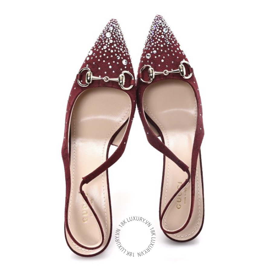 Giày cao gót Gucci New Canvas Crystal GG Monogram Horsebit Slingback Pumps Rossa Ancora TQT105