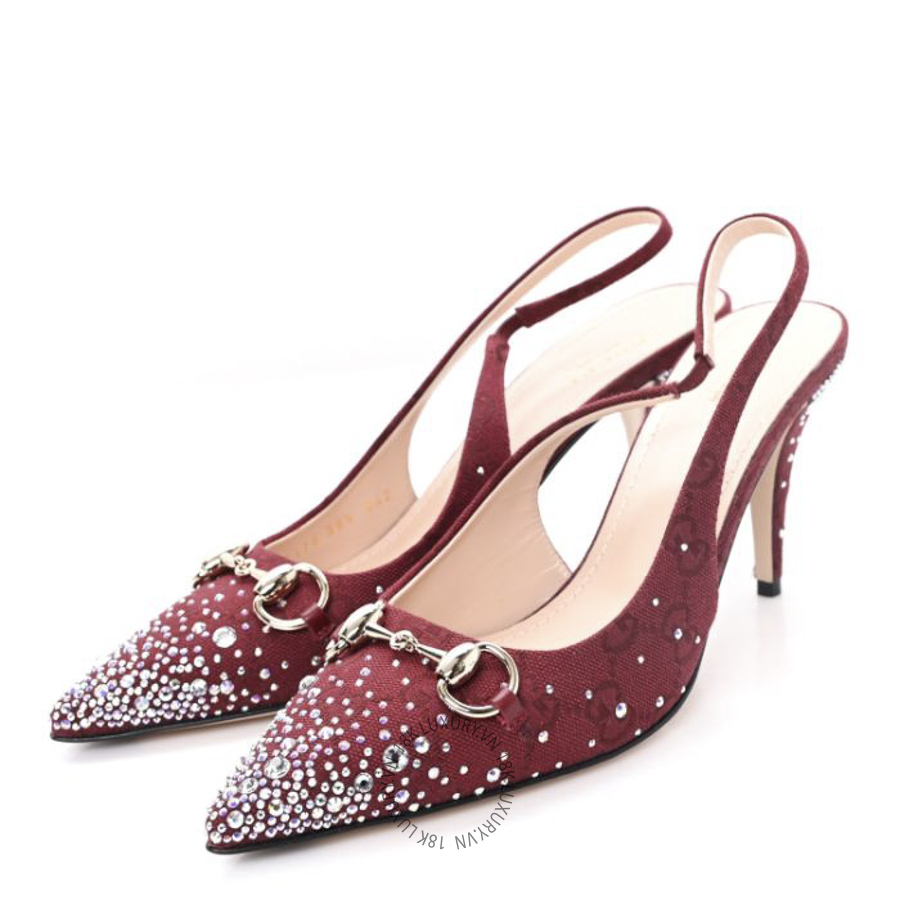 Giày cao gót Gucci New Canvas Crystal GG Monogram Horsebit Slingback Pumps Rossa Ancora TQT105 23 Giày cao gót Gucci New Canvas Crystal GG Monogram Horsebit Slingback Pumps Rossa Ancora TQT105