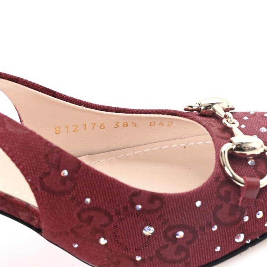 Giày cao gót Gucci New Canvas Crystal GG Monogram Horsebit Slingback Pumps Rossa Ancora TQT105 28 Giày cao gót Gucci New Canvas Crystal GG Monogram Horsebit Slingback Pumps Rossa Ancora TQT105