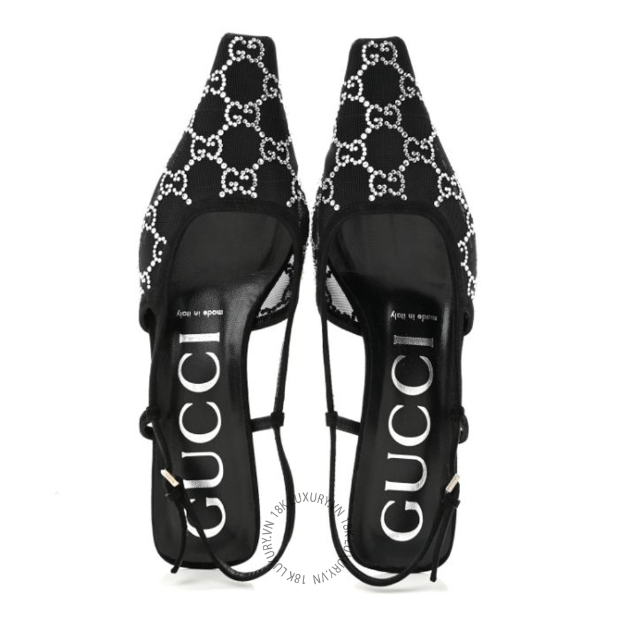 Giày cao gót Gucci Suede Mesh Crystal GG Monogram Slingback Pumps Black TQT003