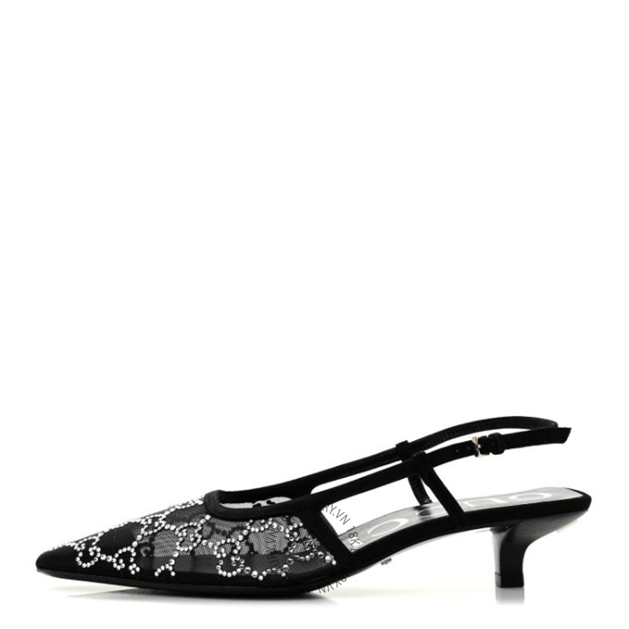 Giày cao gót Gucci Suede Mesh Crystal GG Monogram Slingback Pumps Black TQT003