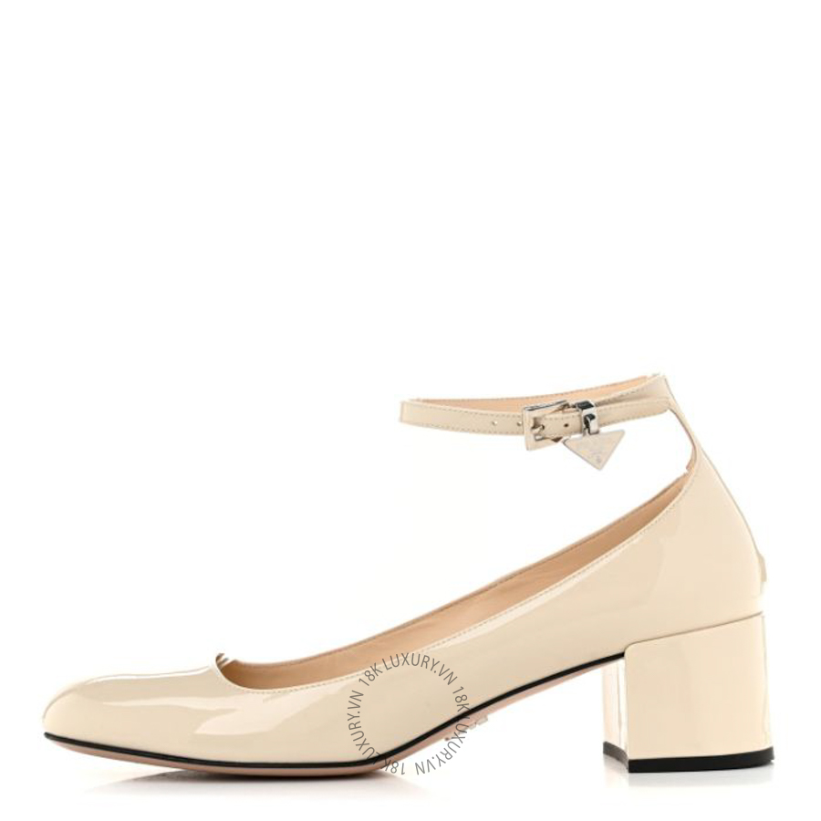 Giày cao gót Prada Vernice Triangle Round Toe Pumps Avorio PRG29
