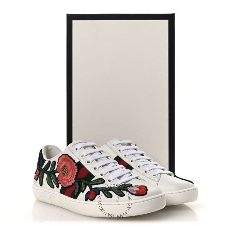 Giày Gucci Calfskin Web Floral Embroidered Womens Ace Sneakers White TQT145 32 Giày Gucci Calfskin Web Floral Embroidered Womens Ace Sneakers White TQT145