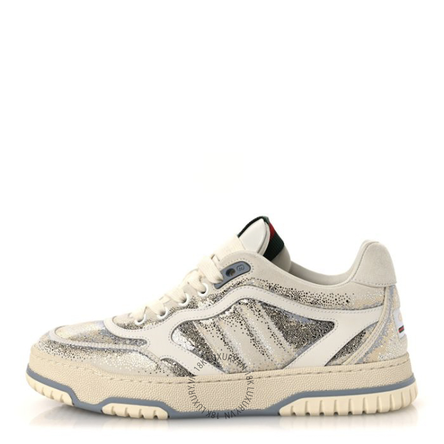 Giày Gucci Glitter Kid Scamosciato Nappa Womens Re-Web Sneakers White Gold Silver TQT070