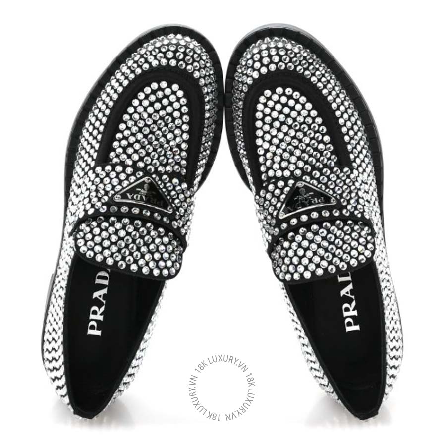 Giày lười Prada Satin Crystal Metal Triangle Logo Loafers Cristal PRG70