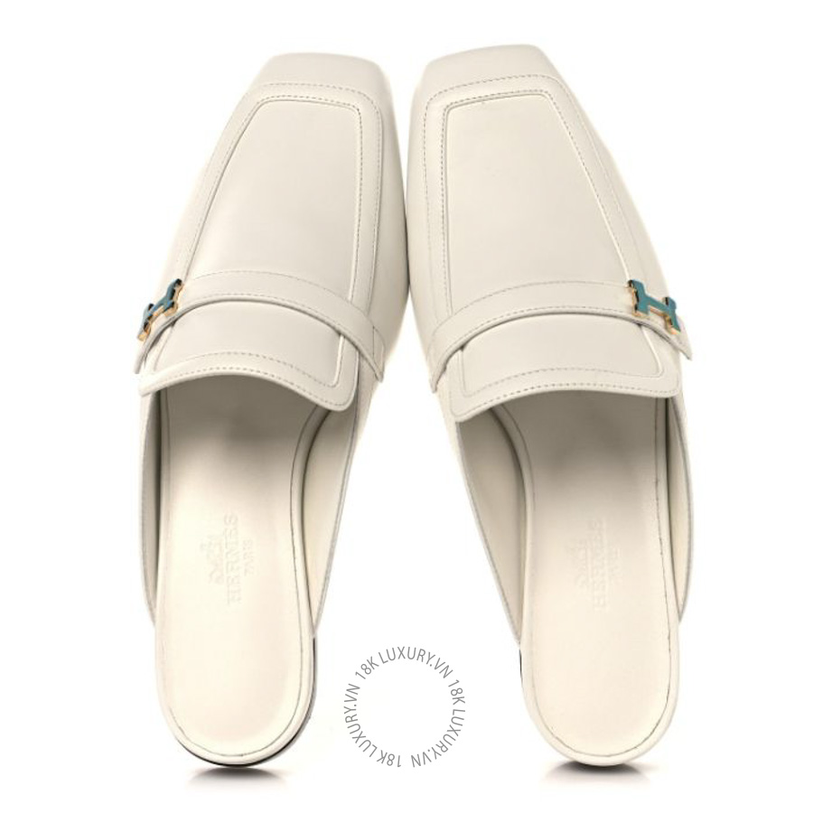 Giày sục Hermes Calfskin Groupie Mules White FGH176
