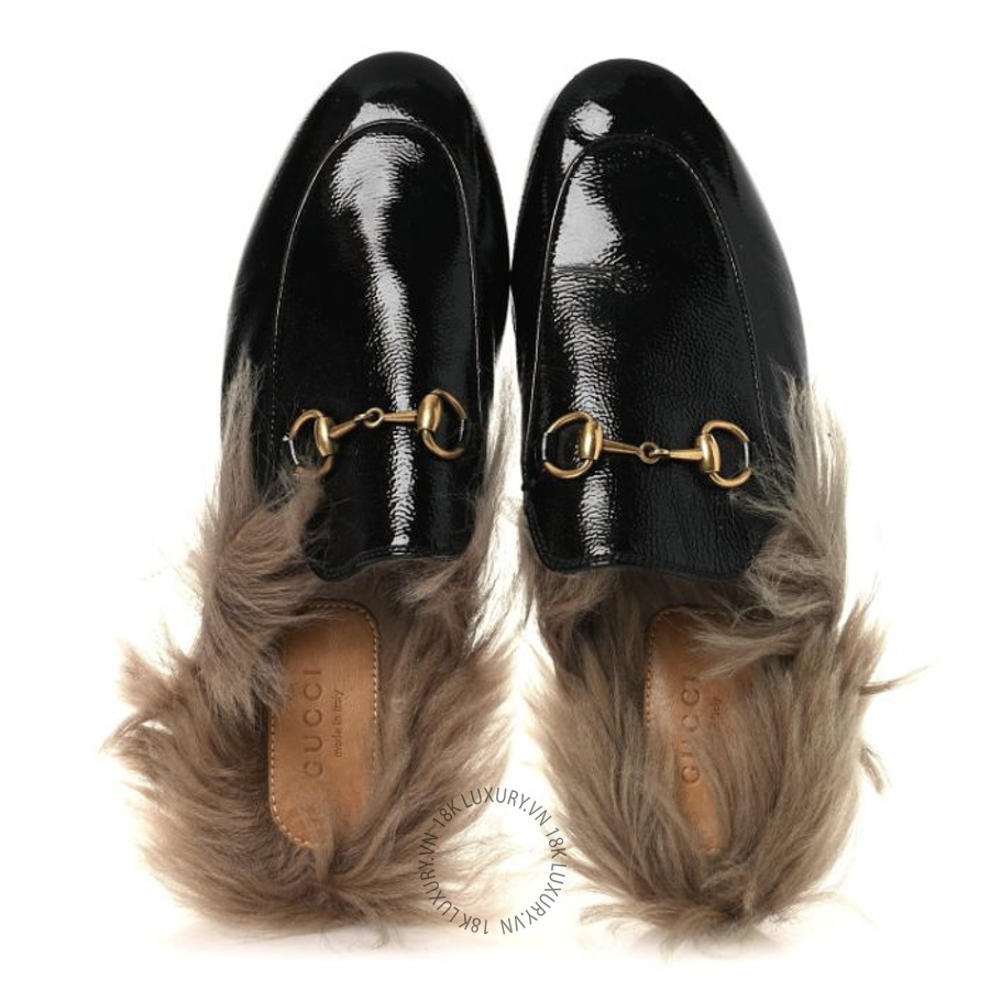 Giày sục nữ Gucci Patent Fur Womens Princetown Slippers Black Natural TQT238