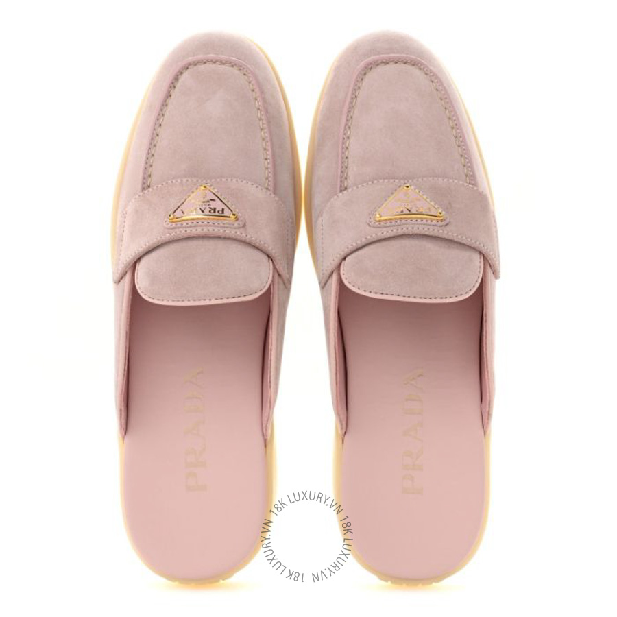 Giày sục Prada Suede Scamosciato Triangle Logo Mules Alabastro PRG01