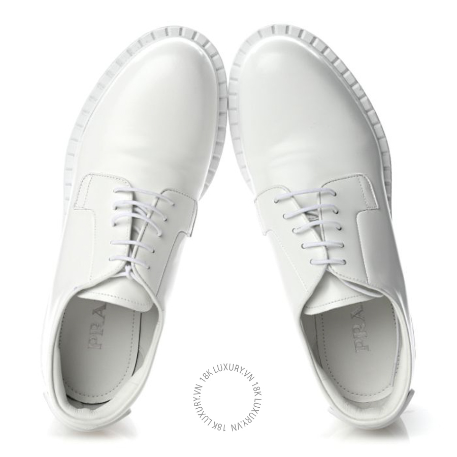 Giày tây Prada Spazzolato Calzature Donna Triangle Logo Derby Loafer White PRG40