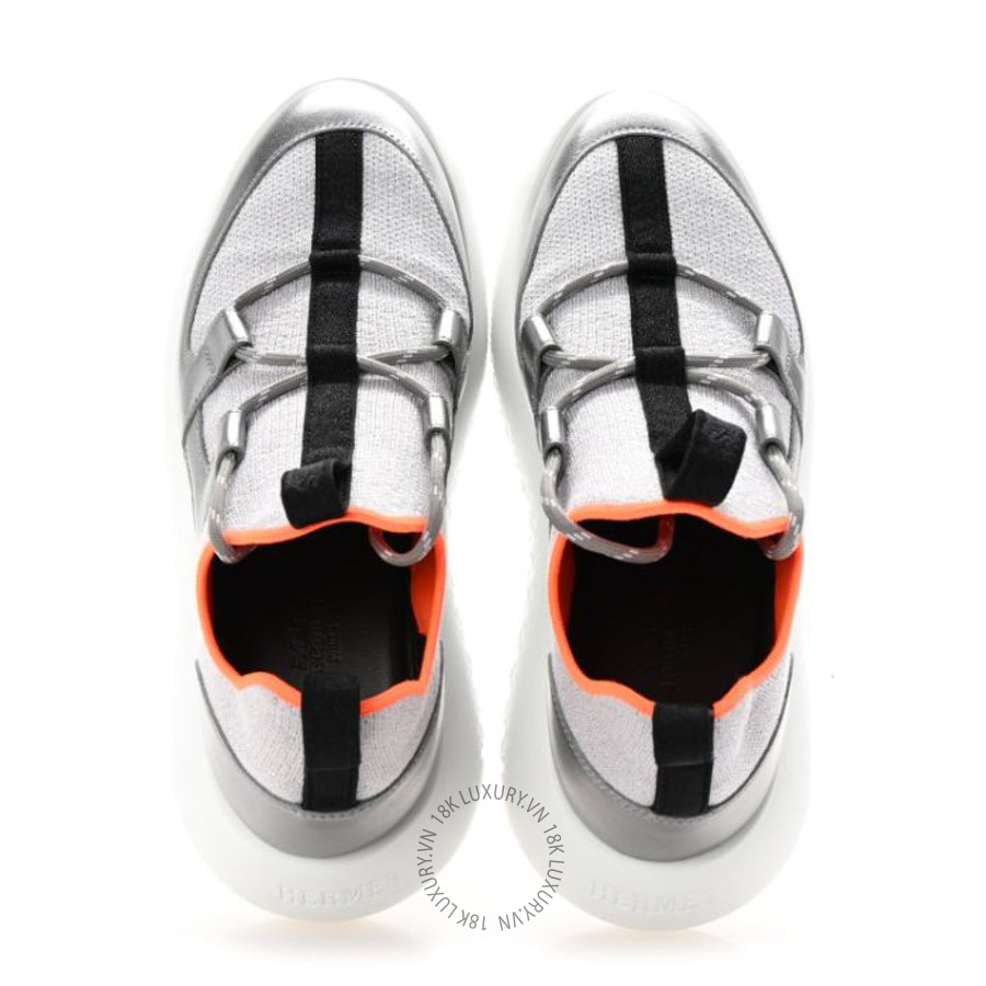 Giày thể thao Hermes Knit Metallic Calfskin Duel Sneakers Argent Orange Black FGH203