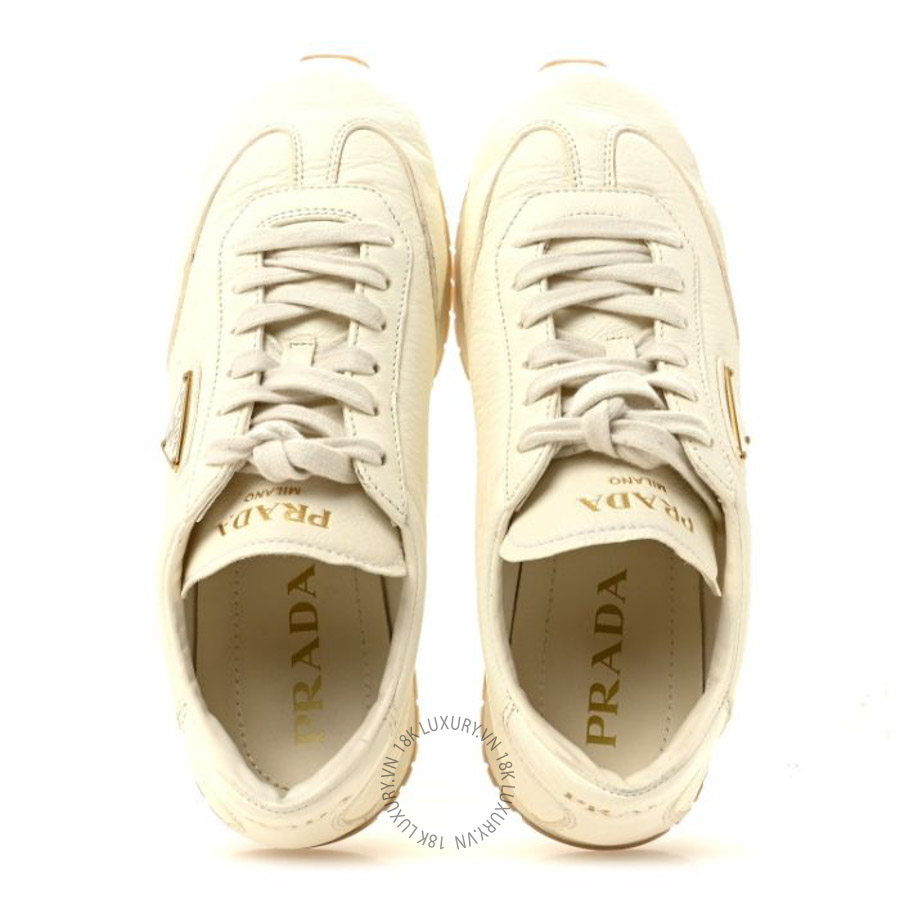 Giày thể thao Prada Calfskin Metal Triangle Logo Womens Sneakers Neutral PRG46