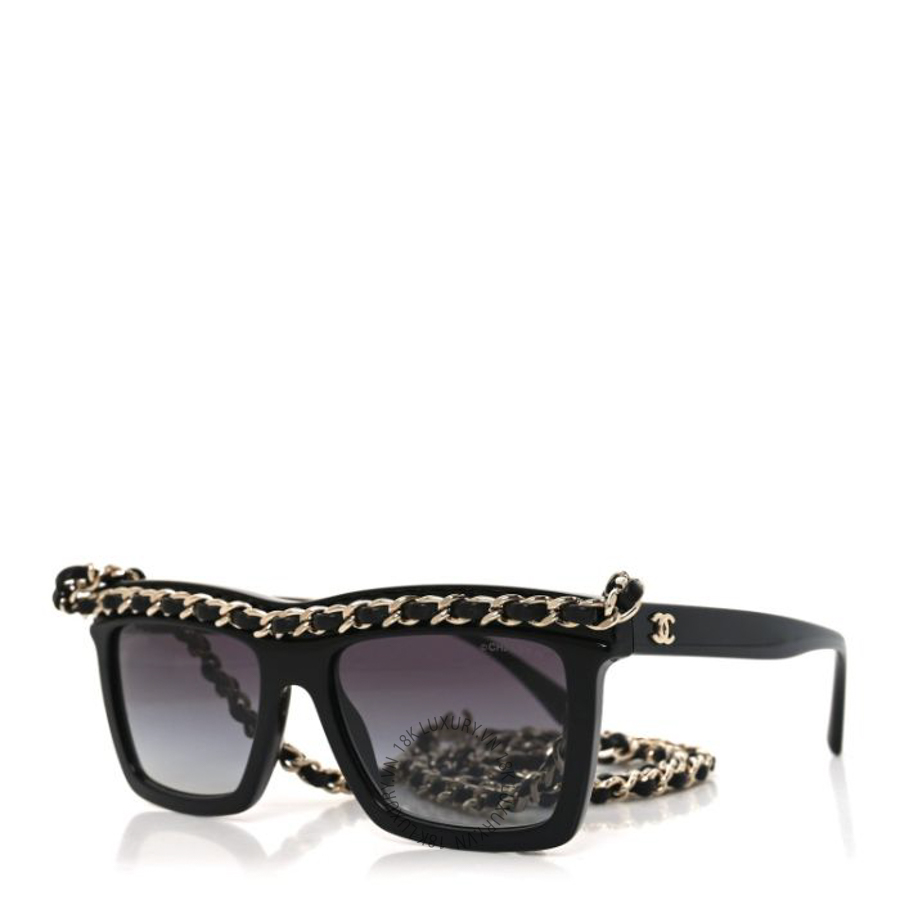 Kính Chanel Acetate Metal Calfskin Chain Rectangle Sunglasses 71627 Black KCN113