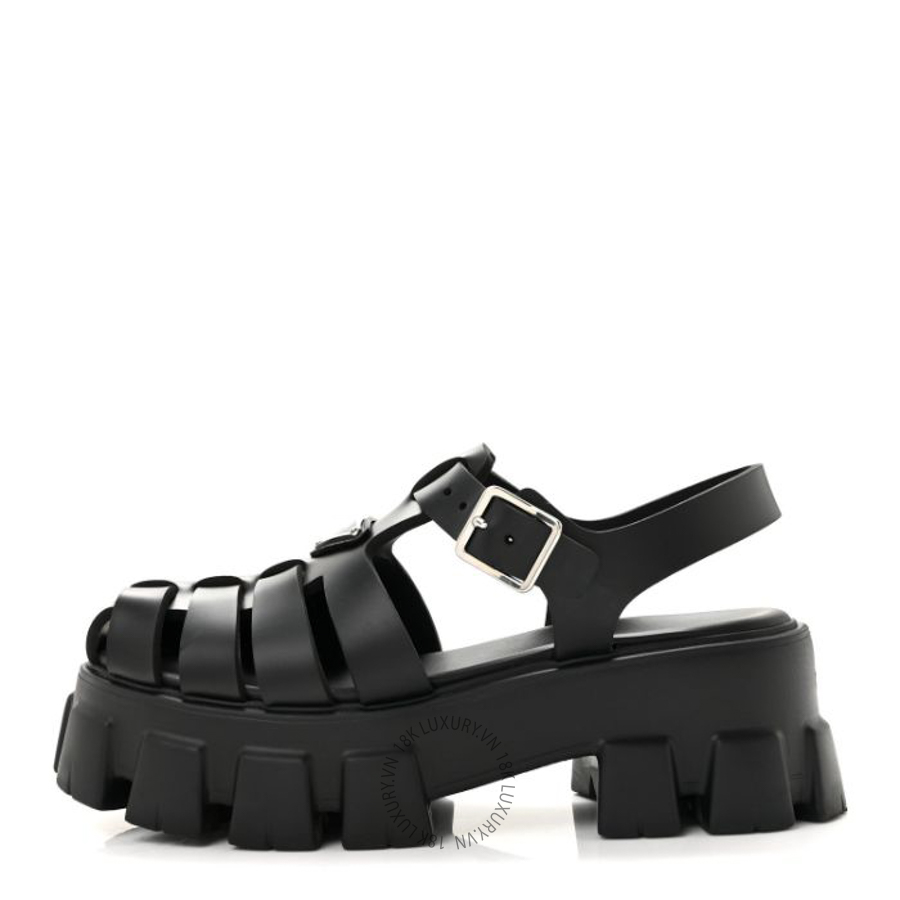 Sandals cao gót Prada Foam Rubber Triangle Logo Monolith Cage Sandals Black PRG06
