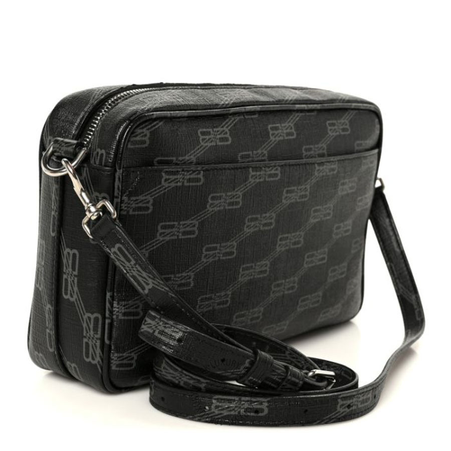 Túi đeo chéo Balenciaga Coated Canvas BB Monogram Medium Signature Camera Bag Black Grey BLG422
