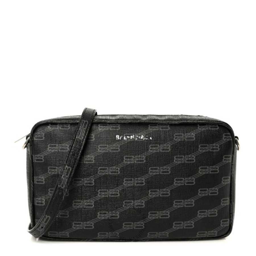Túi đeo chéo Balenciaga Coated Canvas BB Monogram Medium Signature Camera Bag Black Grey BLG422