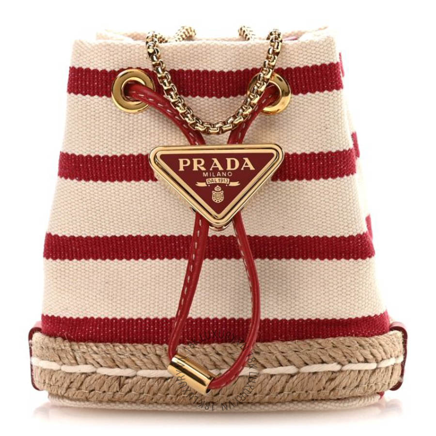 Túi đeo chéo Prada Canvas Stripe Metal Triangle Logo Mini Drawcord Pouch Shoulder Bag Avorio Rosso FPTP165