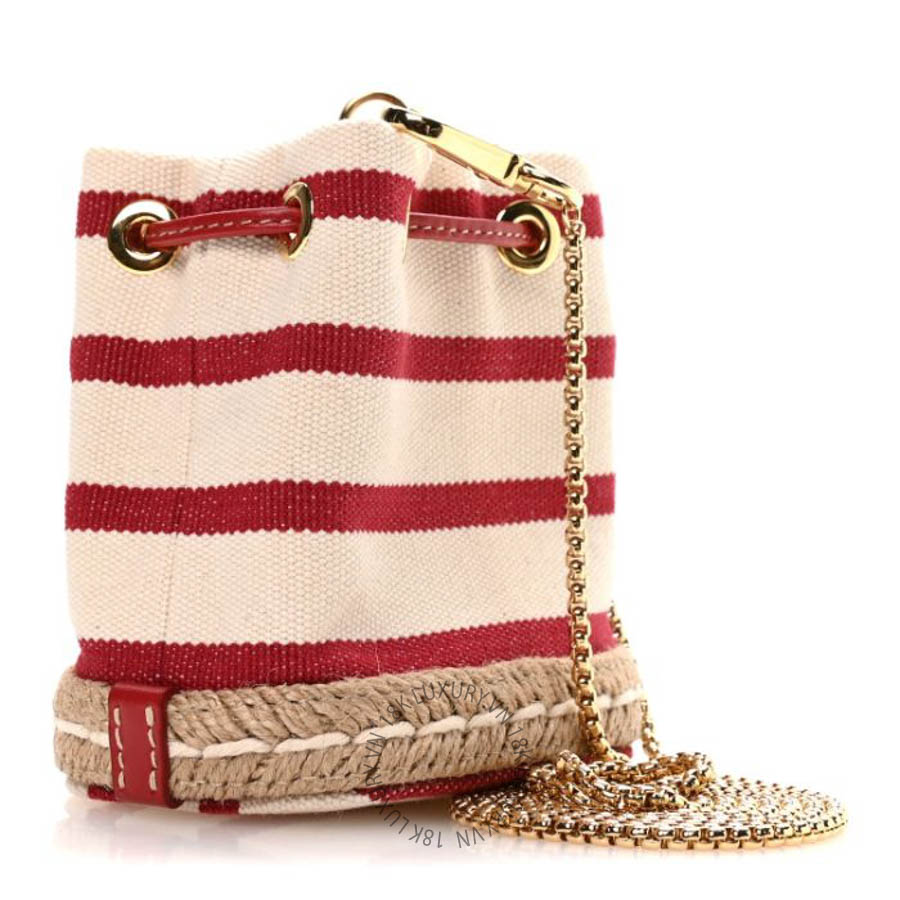 Túi đeo chéo Prada Canvas Stripe Metal Triangle Logo Mini Drawcord Pouch Shoulder Bag Avorio Rosso FPTP165