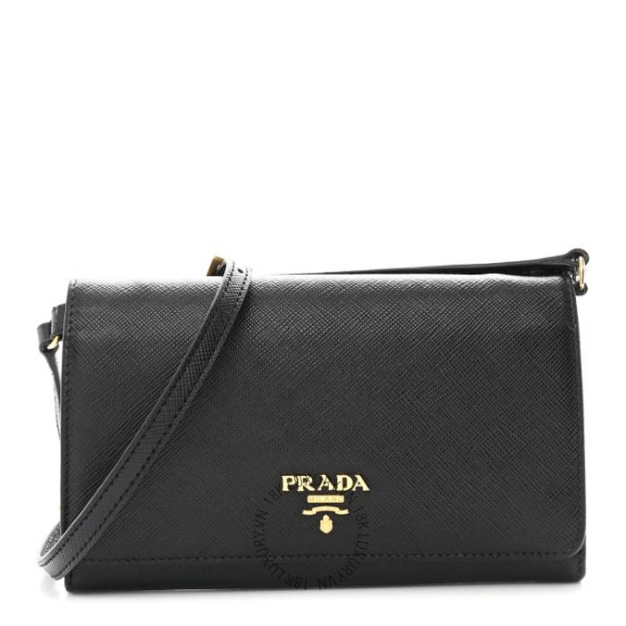 Túi đeo chéo Prada Saffiano Metal Flap Wallet With Strap Black FPTP035