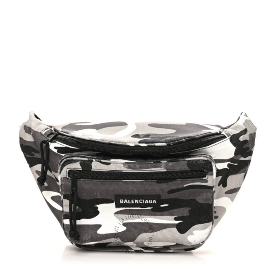 Túi đeo hông Balenciaga Distressed Nylon Canvas Camo Logo Explorer Beltpack Black White Gray BLG206