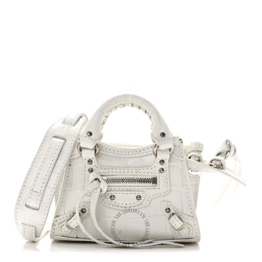 Túi mini Balenciaga Extra Supple Calfskin Crocodile Embossed Neo Classic Silver Hardware Super Nano City Crossbody White BLG345