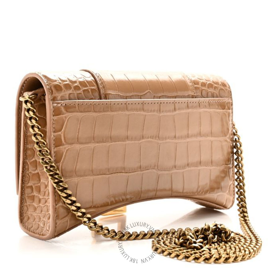 Túi mini Balenciaga Shiny Calfskin Crocodile Embossed Hourglass Chain Bag Nude Beige Brown BLG341
