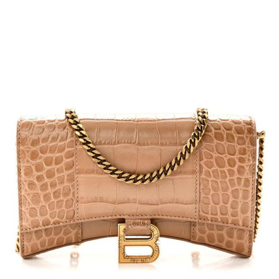 Túi mini Balenciaga Shiny Calfskin Crocodile Embossed Hourglass Chain Bag Nude Beige Brown BLG341