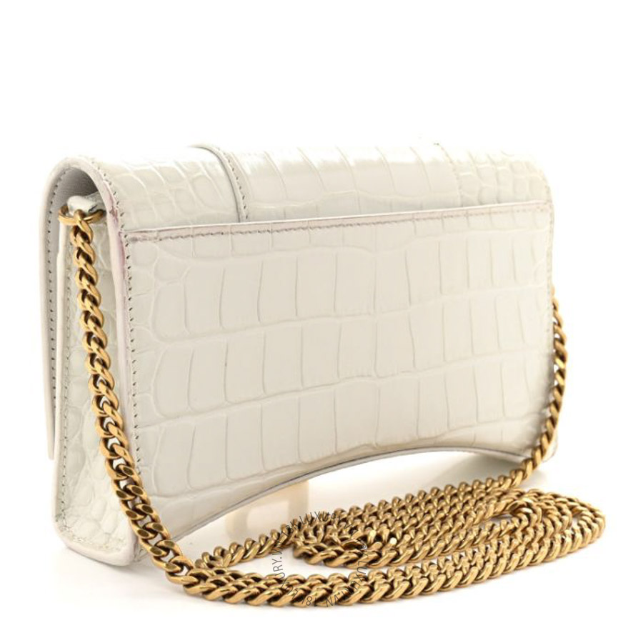 Túi mini Balenciaga Shiny Calfskin Crocodile Embossed Hourglass Chain Bag White BLG461