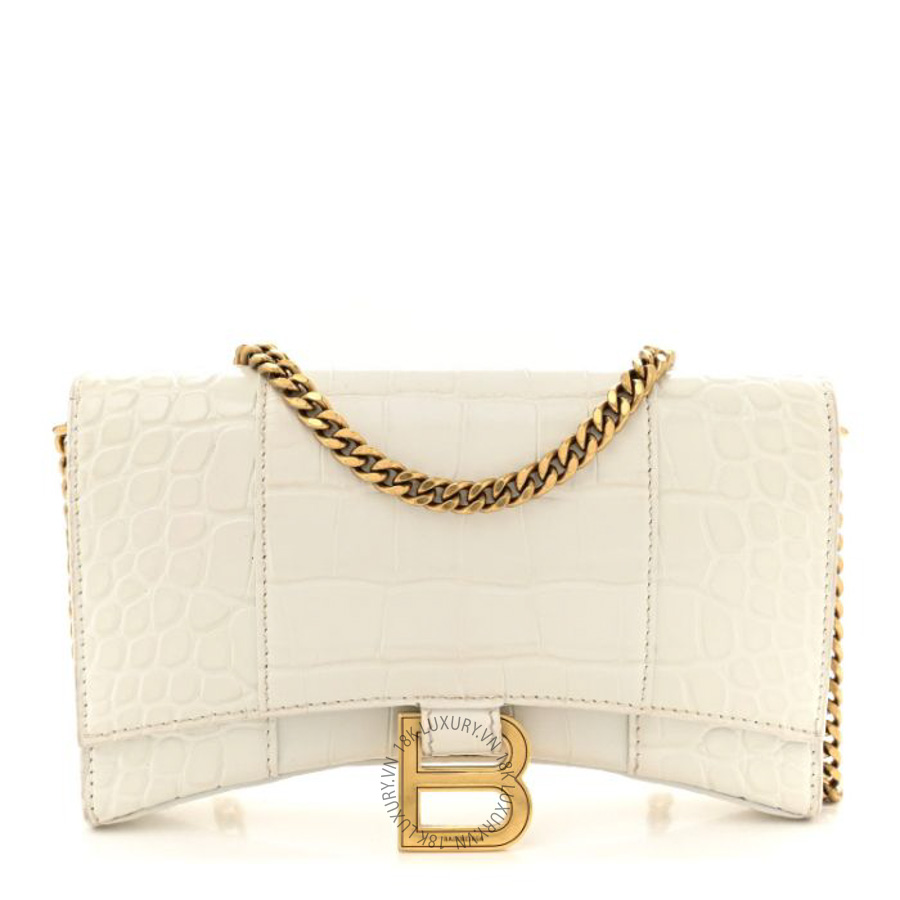 Túi mini Balenciaga Shiny Calfskin Crocodile Embossed Hourglass Chain Bag White BLG461