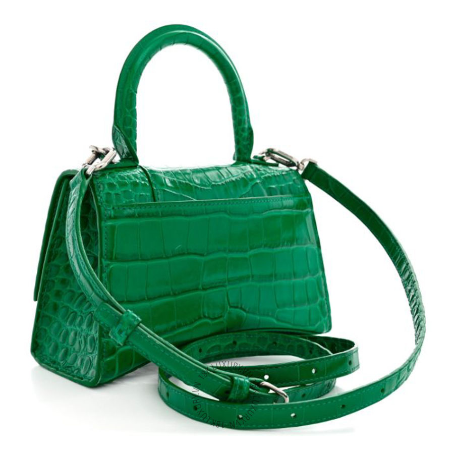 Túi mini Balenciaga Shiny Calfskin Crocodile Embossed Hourglass Top Handle Bag XS Jade BLG280