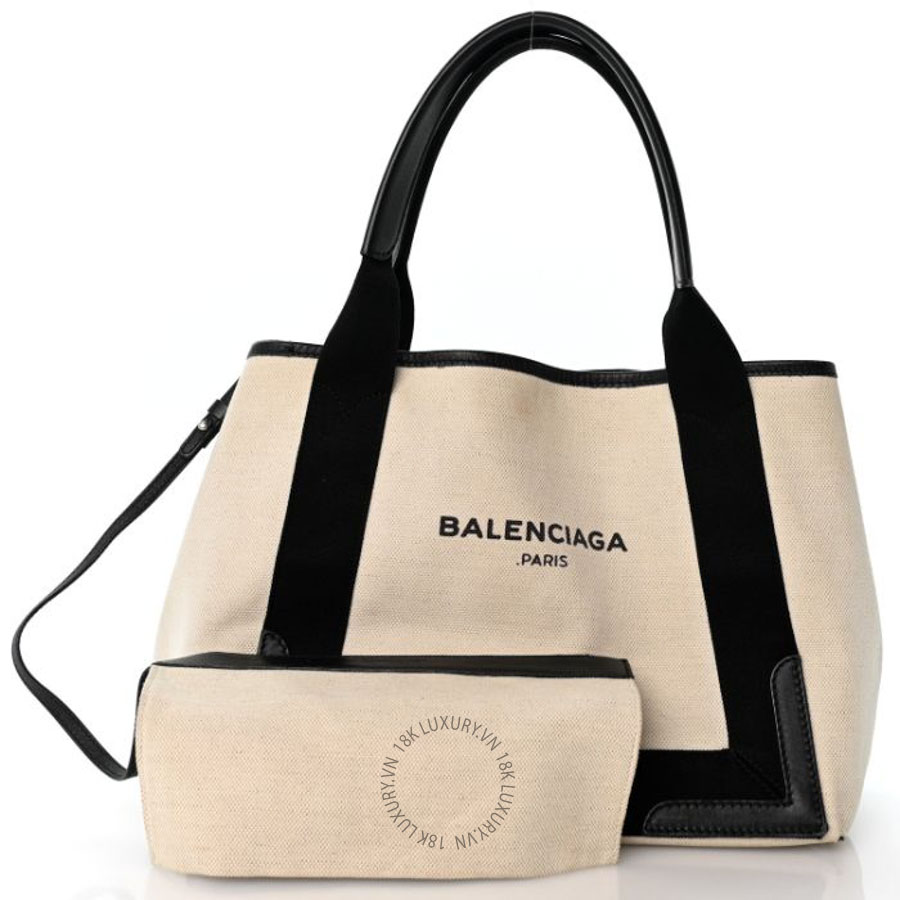 Túi xách Balenciaga Cotton Canvas Satin Calfskin S Navy Cabas Natural Black BLG005