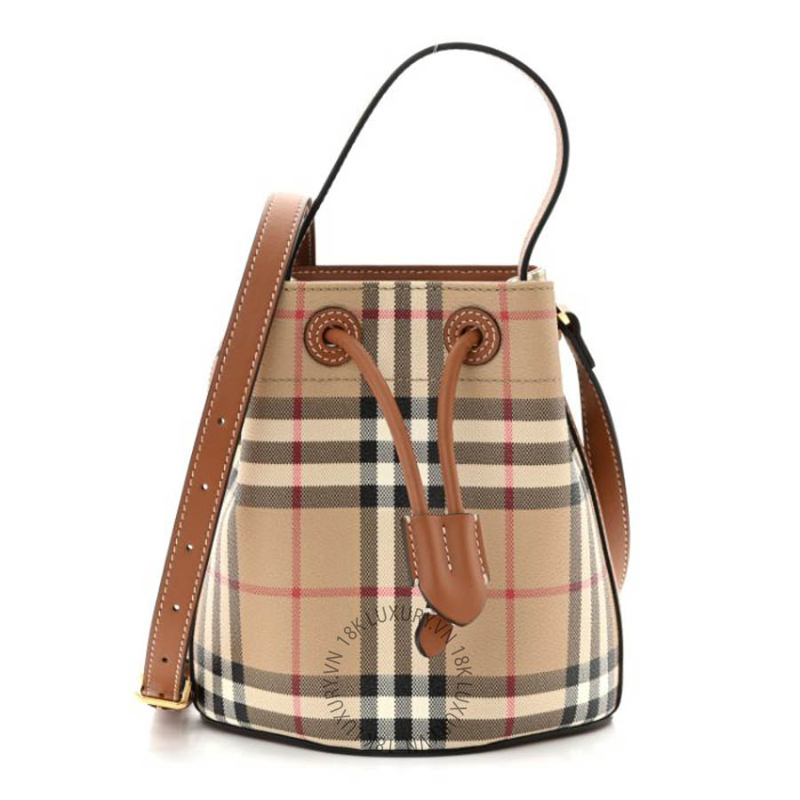 Túi xách Burberry E-Canvas Vintage Check Mini Drawstring Bucket Bag Briar Brown FPTG124
