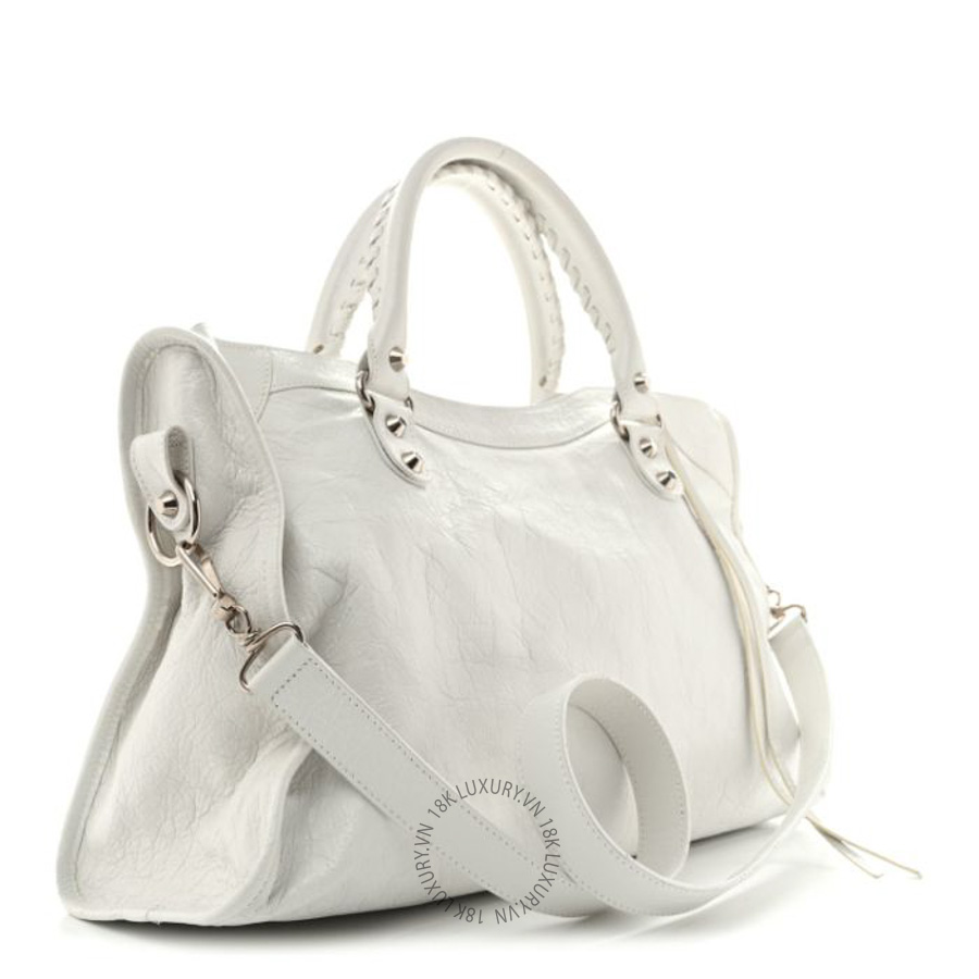 Túi xách đeo chéo Balenciaga Agneau Arena Silver Hardware Medium Le City Optic White BLG066