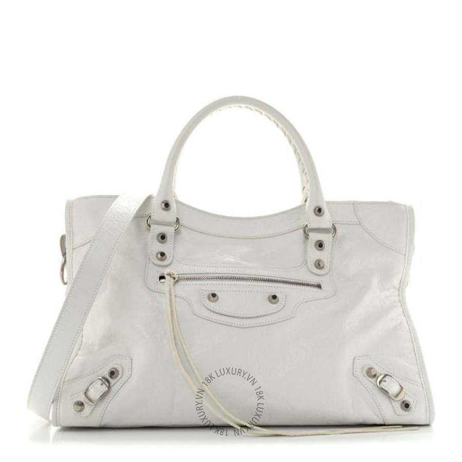 Túi xách đeo chéo Balenciaga Agneau Arena Silver Hardware Medium Le City Optic White BLG066