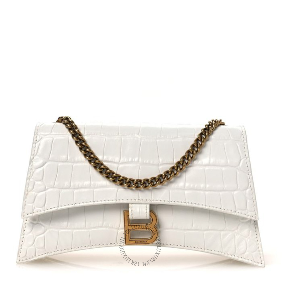 Túi xách đeo chéo Balenciaga Calfskin Crocodile Embossed Small Crush Chain Bag White BLG378