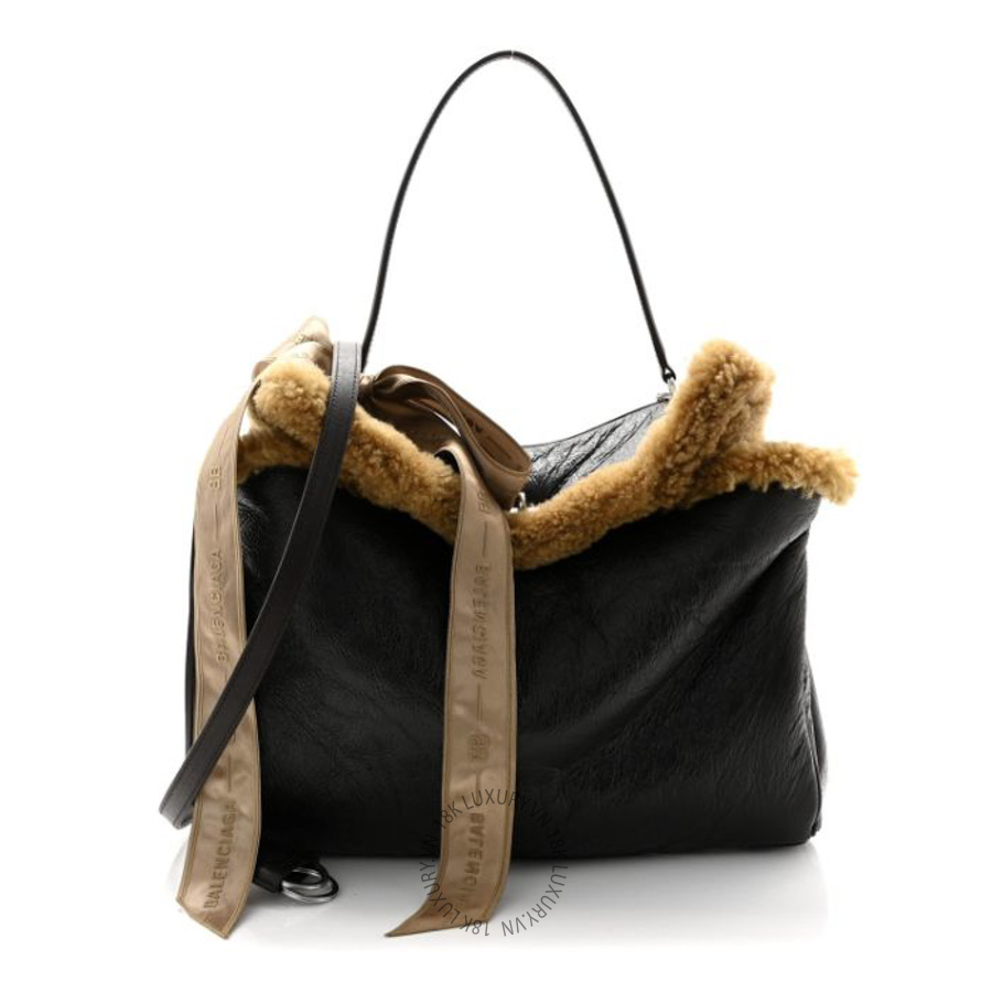 Túi xách đeo chéo Balenciaga Crushed Calfskin Shearling Medium Rodeo Top Handle Handbag Brown Beige BLG391