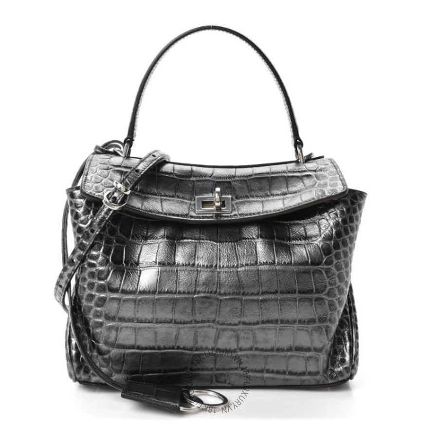 Túi xách đeo chéo Balenciaga Metallized Calfskin Crocodile Embossed Mini Rodeo Top Handle Handbag Gunmetal BLG418