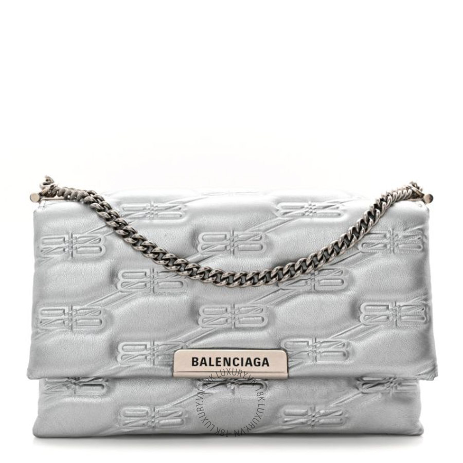 Túi xách đeo chéo Balenciaga Nappa Allover License BB Monogram Embossed Small Triplet Bag Silver BLG394