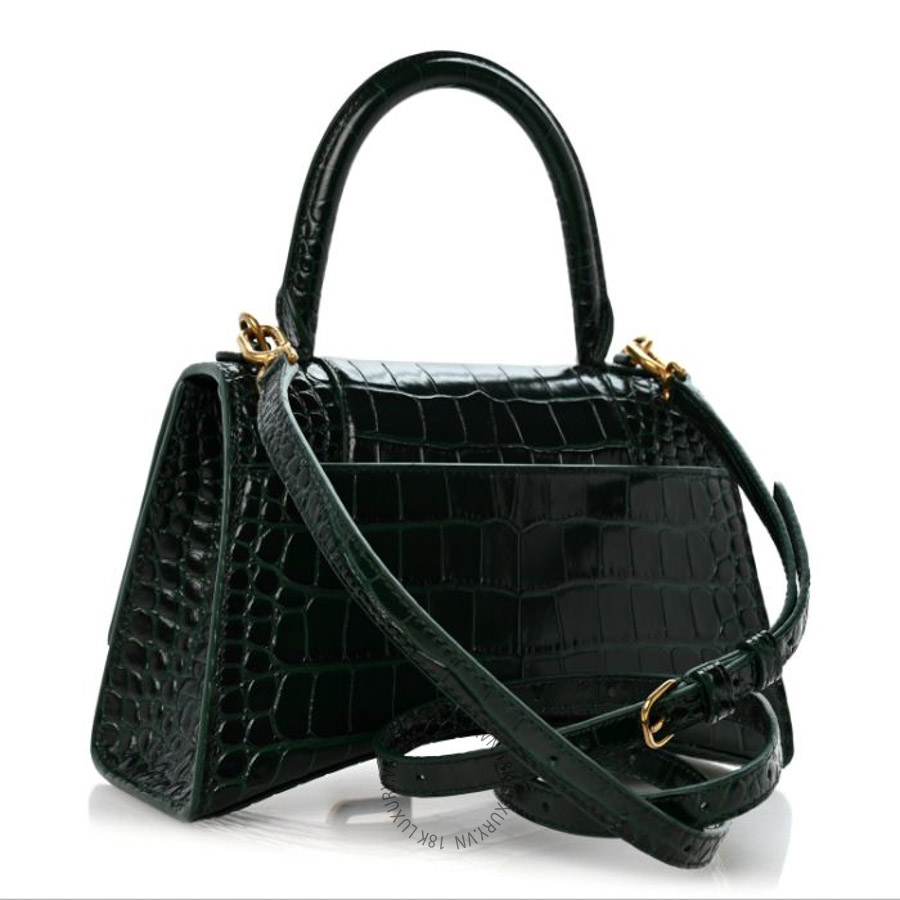 Túi xách đeo chéo Balenciaga Shiny Calfskin Crocodile Embossed Small Hourglass Top Handle Bag Forest Green BLG046