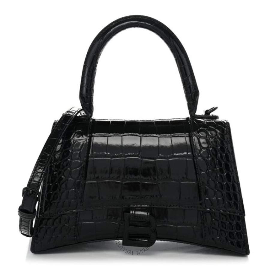 Túi xách đeo chéo Balenciaga Shiny Calfskin Monochrome Crocodile Embossed Small Hourglass Top Handle Bag Black BLG247