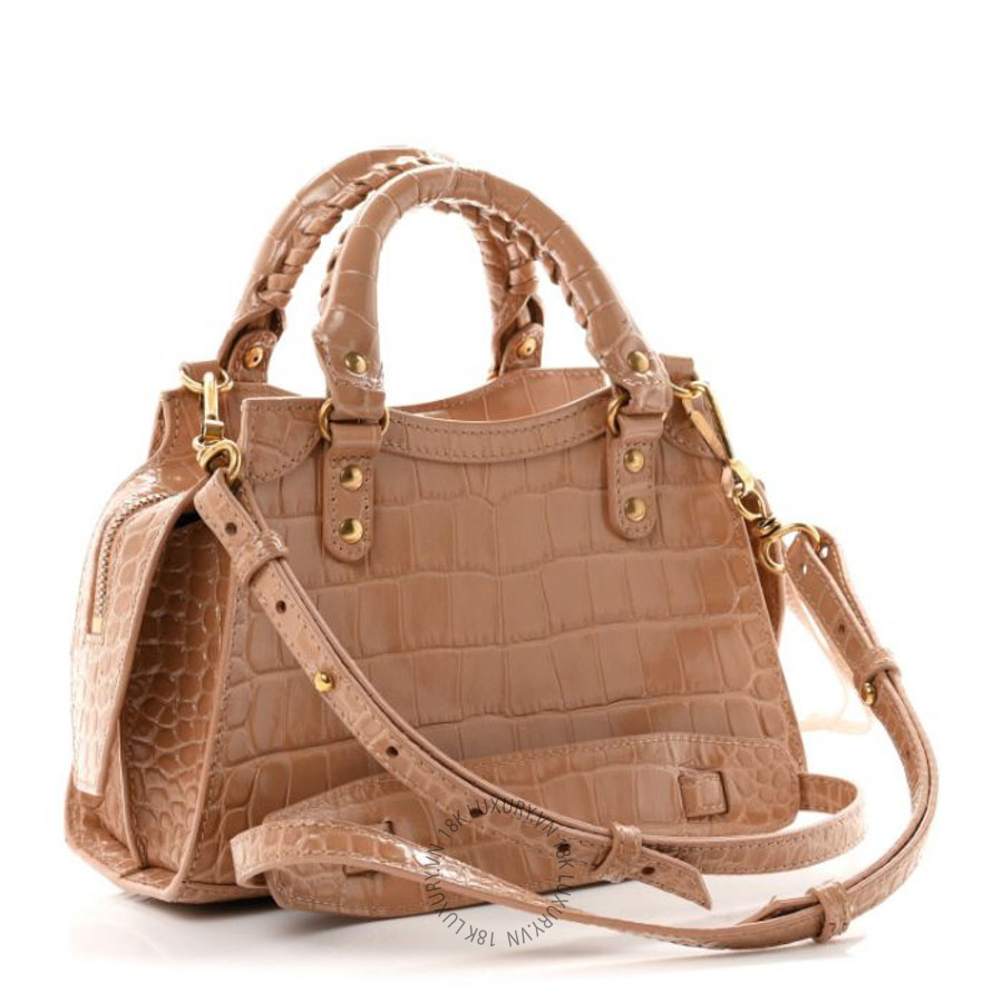 Túi xách đeo chéo Balenciaga Shiny Supple Calfskin Crocodile Embossed Neo Classic Gold Hardware Mini City Nude Beige Brown BLG090