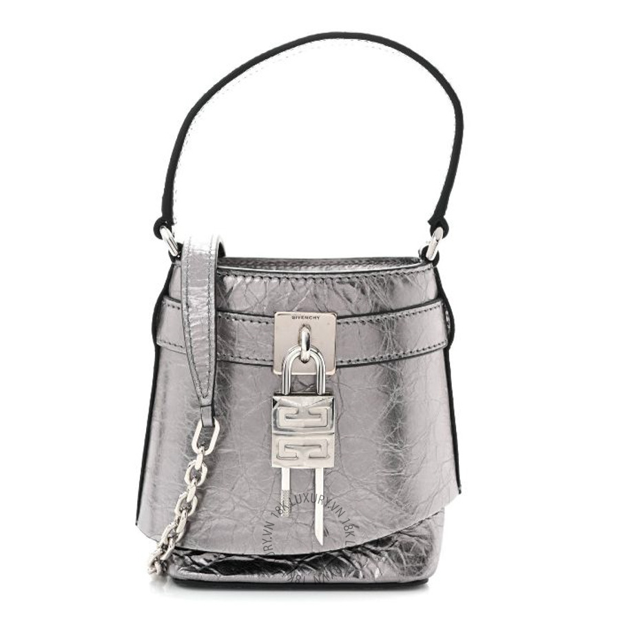 Túi xách đeo chéo mini Givenchy Laminated Lambskin Micro Shark Lock Bucket Bag Silvery Grey TGV129