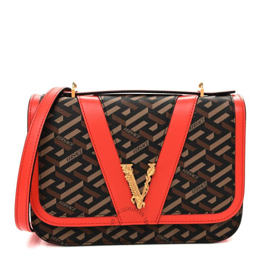 Túi xách đeo chéo Versace Coated Canvas La Greca Signature Print Virtus Top Handle Shoulder Bag Red TVS18