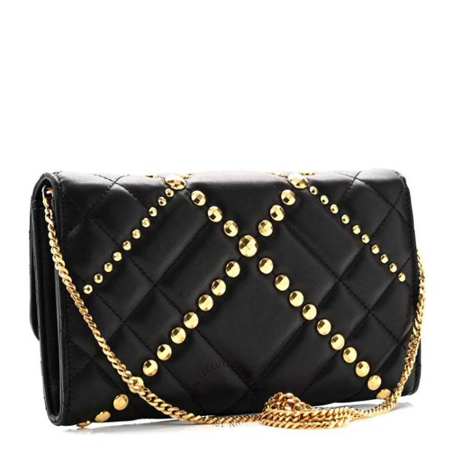 Túi xách đeo chéo Versace Lambskin Studded Quilted Medusa Wallet on Chain Crossbody Black Gold TVS29