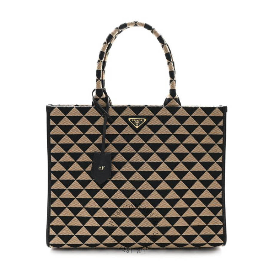 Túi xách Prada Jacquard Saffiano Triangolo Symbole Embroidered Large Tote Black Corda FPTP418